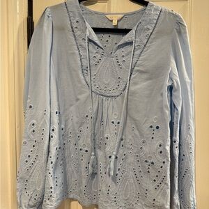 Light Blue Embroidered eyelet Women's Top with puff shoulder detail